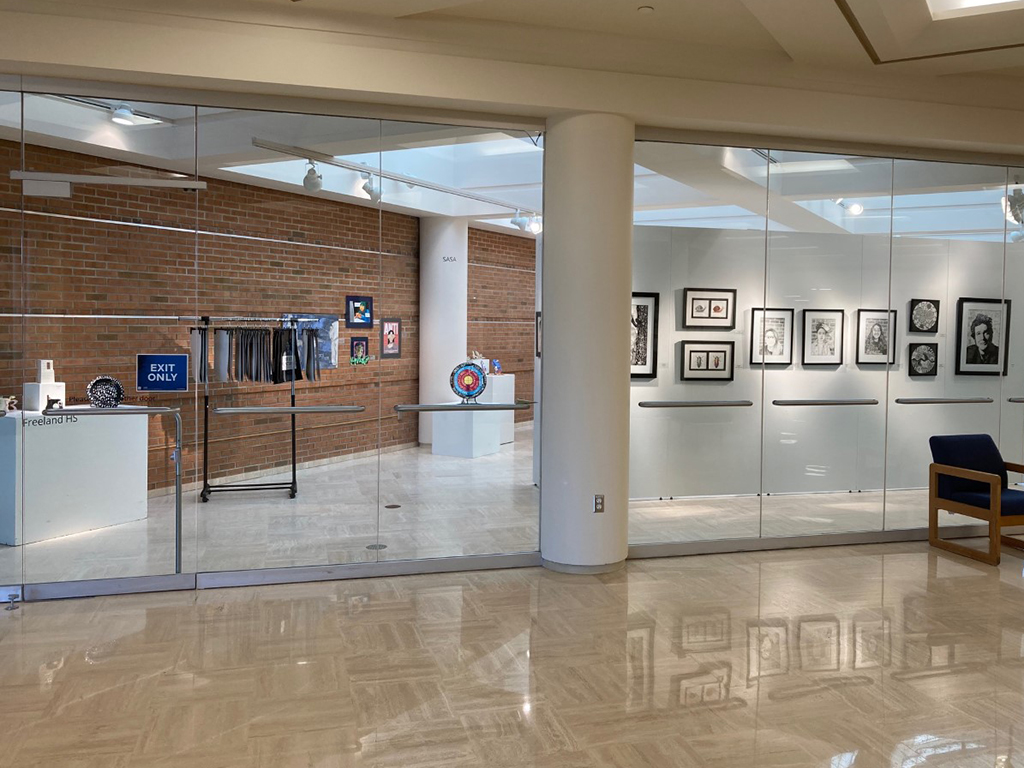 Freeland, sasa, hemlock student work through glass